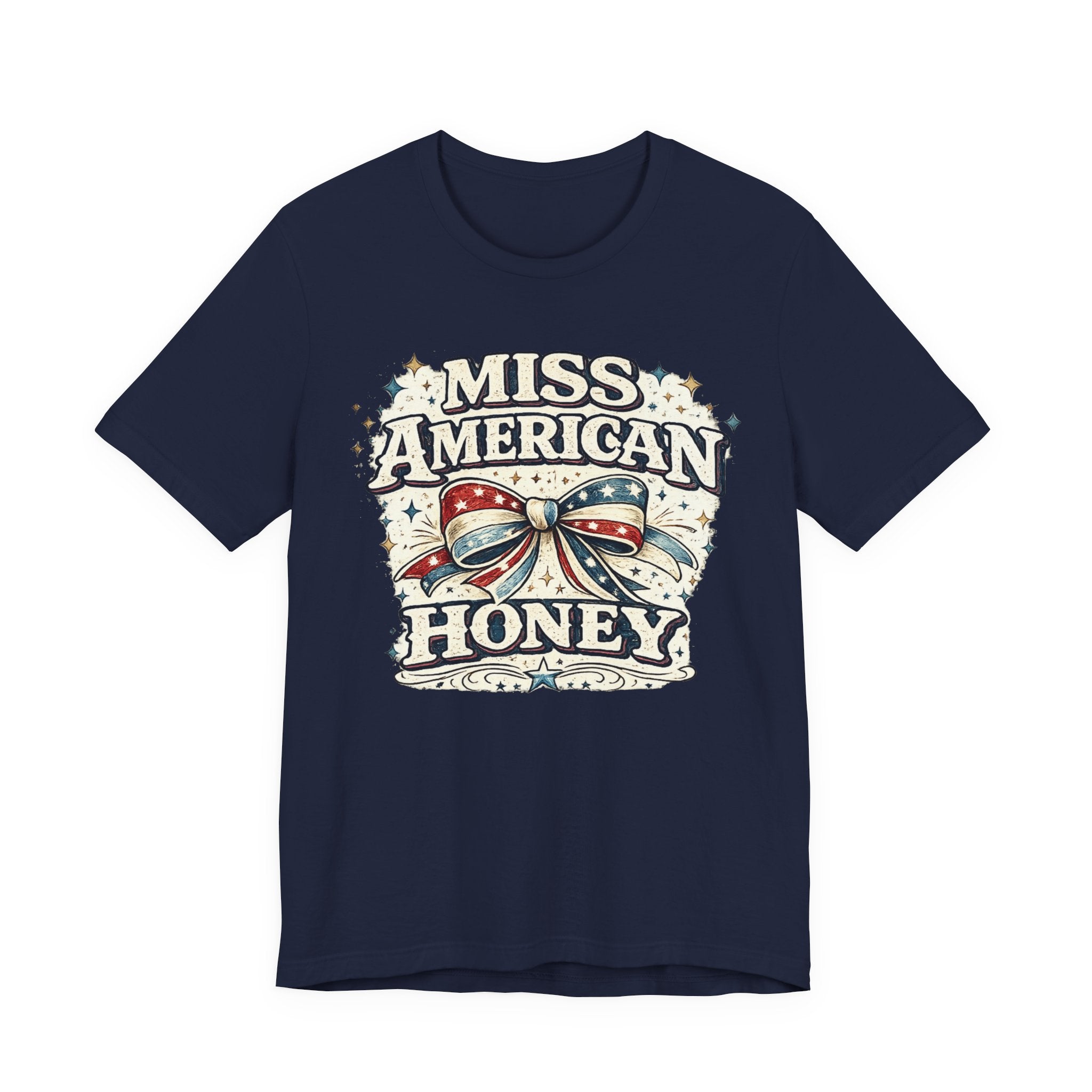 Miss American Honey Tee — Patriotic Vintage Bow Graphic Shirt