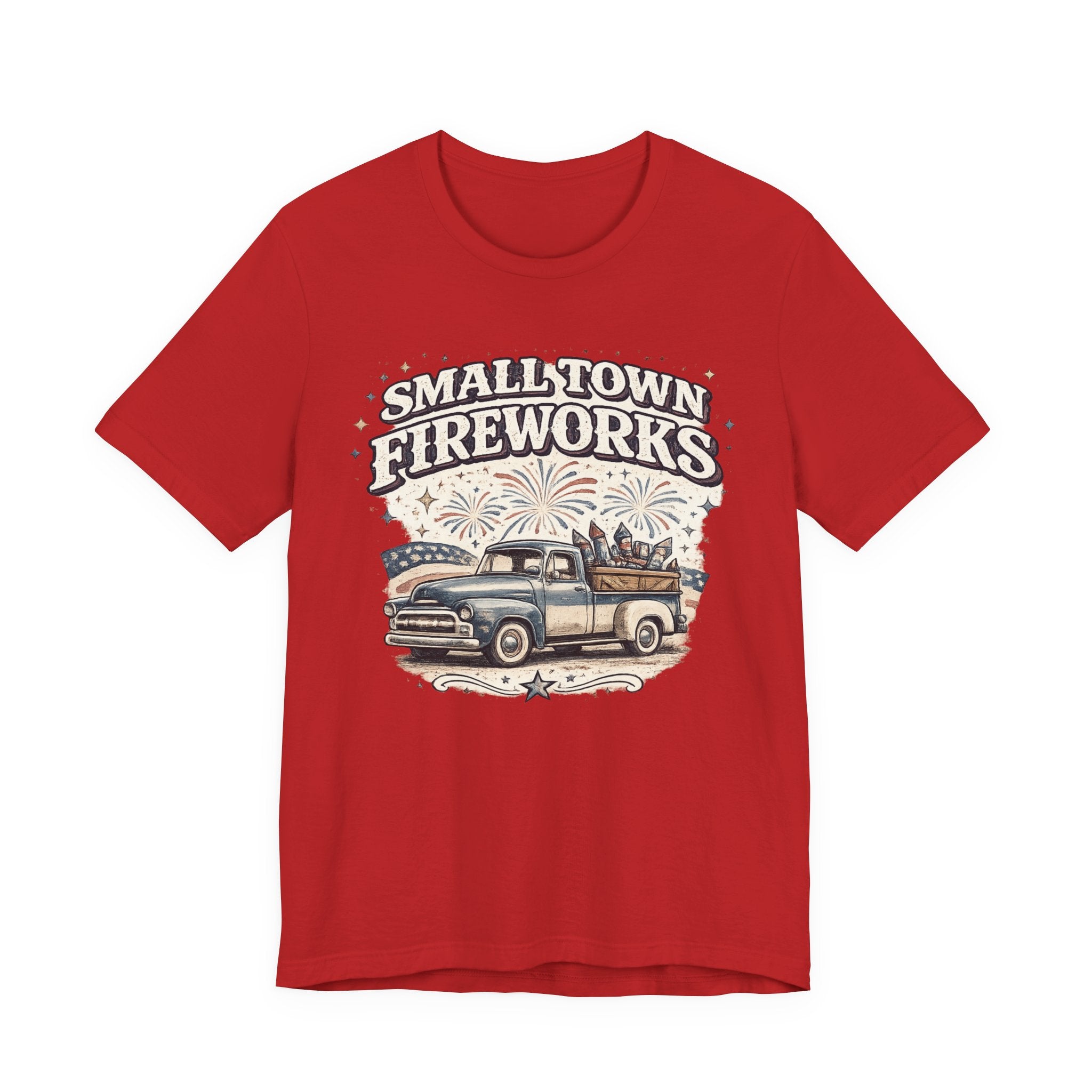 Small Town Fireworks Truck T-Shirt — Vintage Pickup Patriotic 4th of July Tee