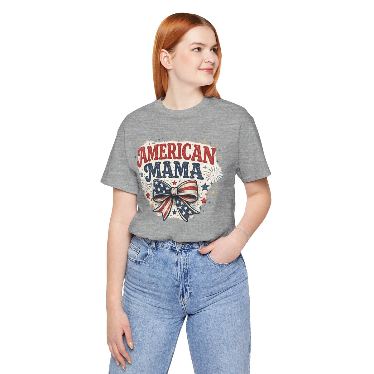 American Mama Tee — Patriotic Mom T‑Shirt with Stars & Flag Bow (4th of July)