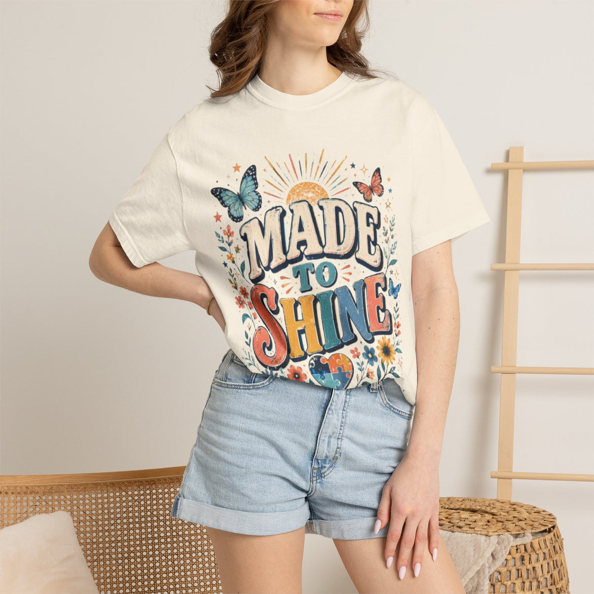 Made to Shine T-Shirt — Inspirational Retro Sun & Butterflies Graphic Tee