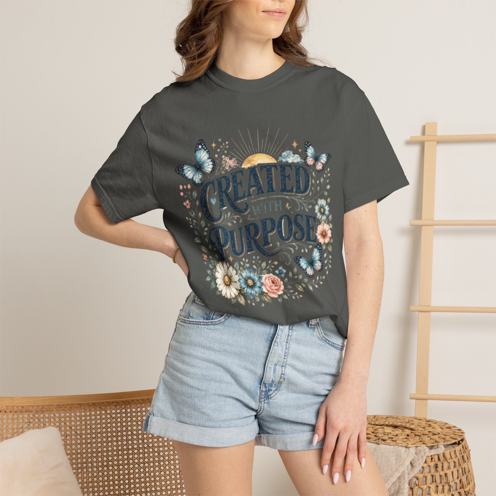 Created With Purpose Floral T-Shirt — Inspirational Butterfly Graphic Tee