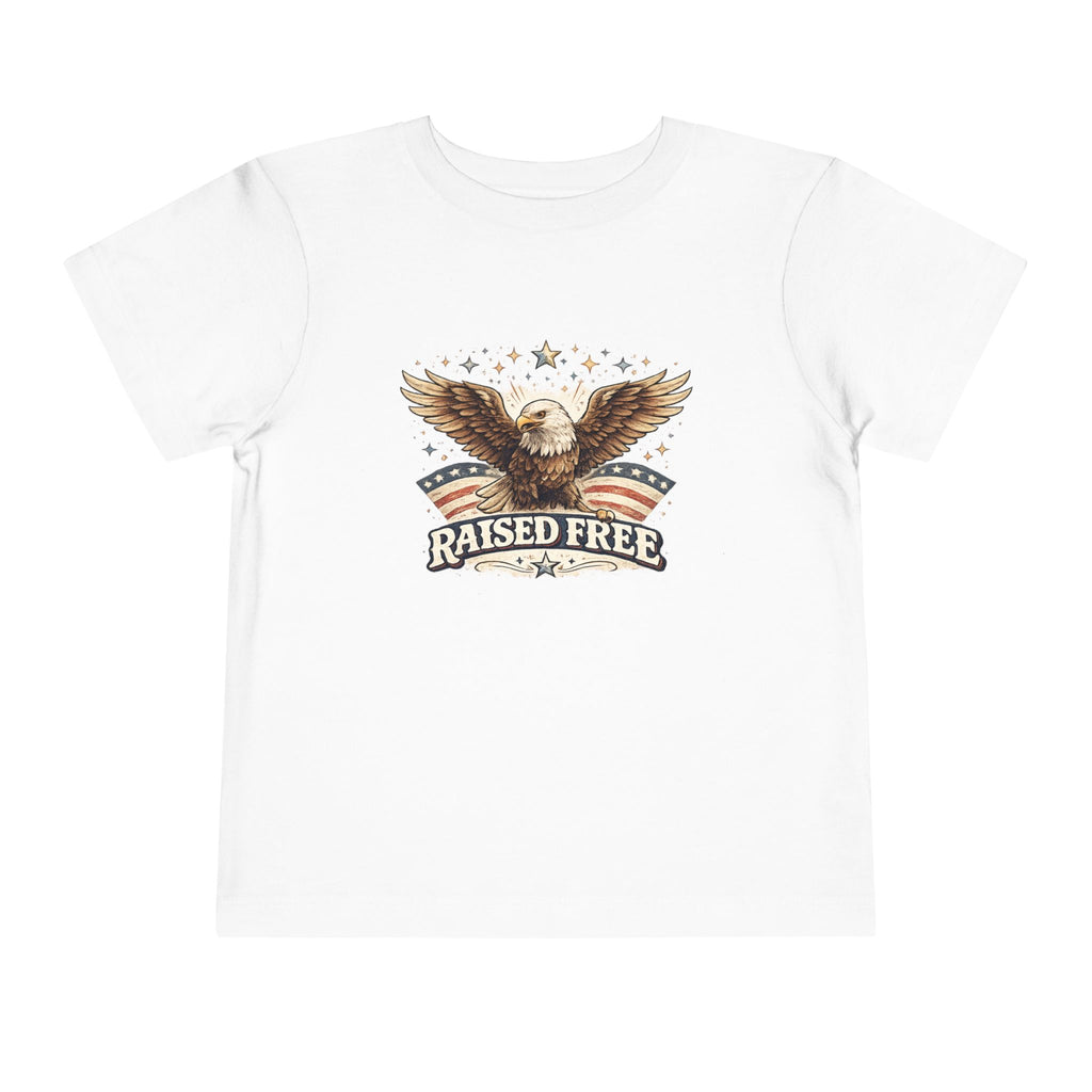 Toddler Tee — "Raised Free" Eagle American Flag Graphic