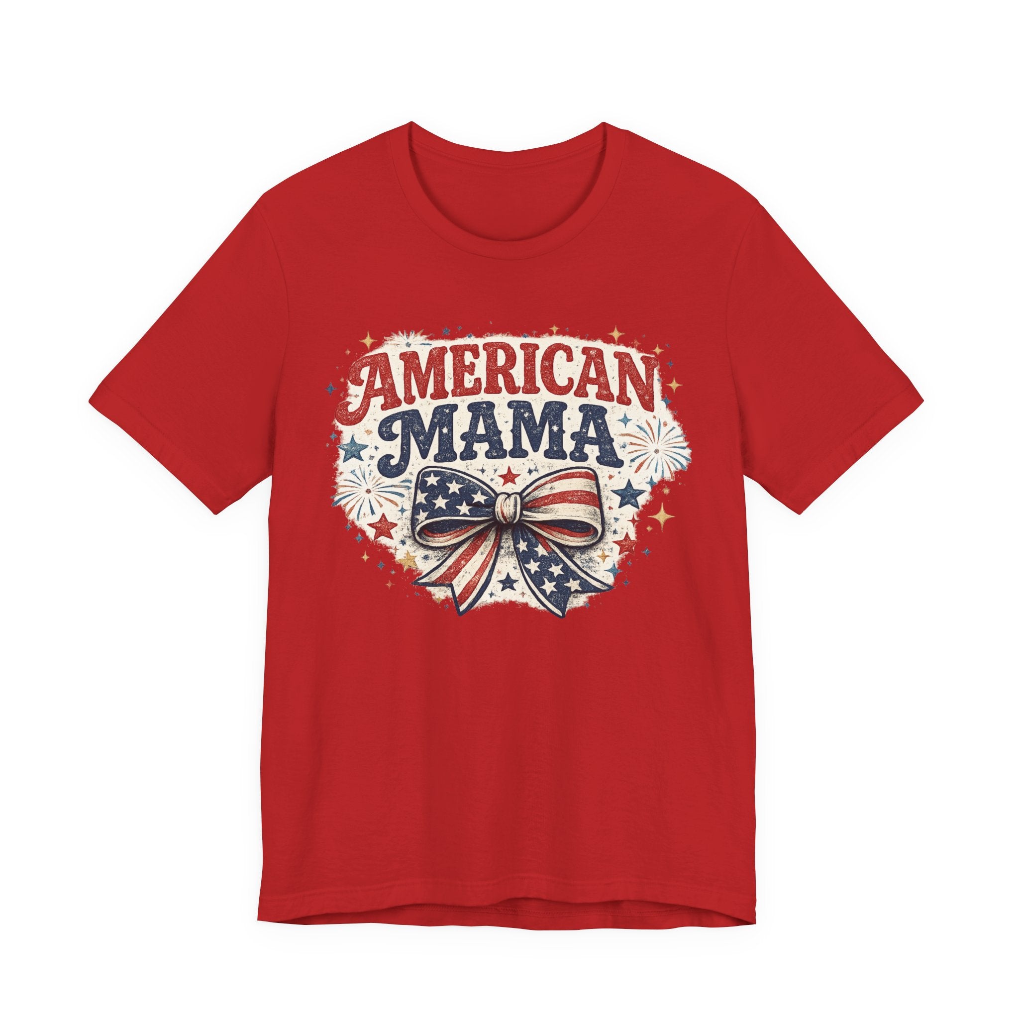 American Mama Tee — Patriotic Mom T‑Shirt with Stars & Flag Bow (4th of July)