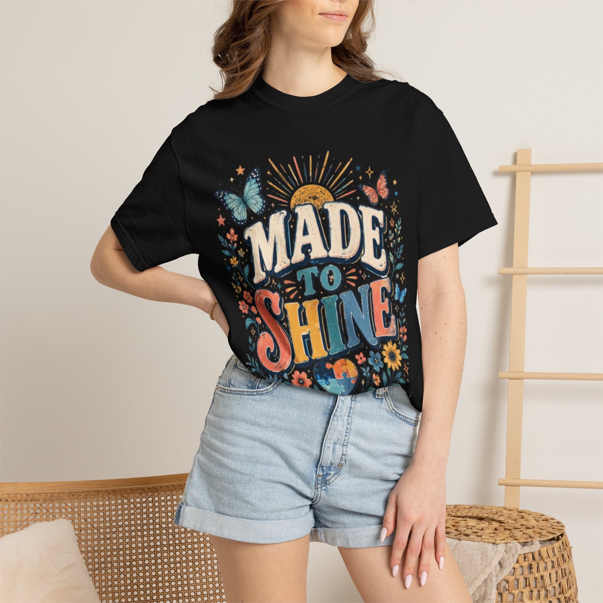 Made to Shine T-Shirt — Inspirational Retro Sun & Butterflies Graphic Tee