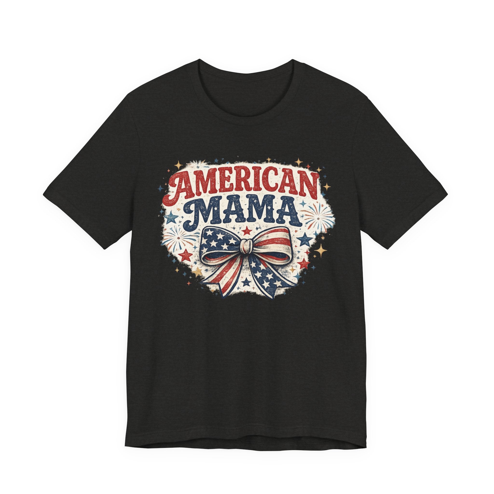 American Mama Tee — Patriotic Mom T‑Shirt with Stars & Flag Bow (4th of July)