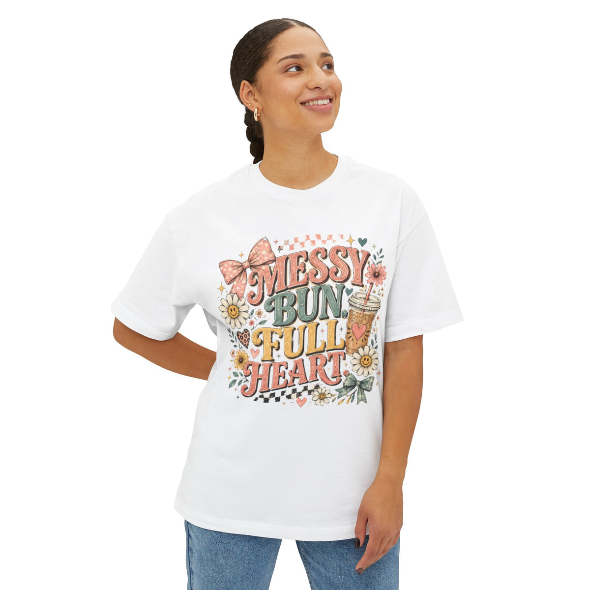 Messy Bun Full Heart Tee — Floral Casual Oversized T‑Shirt