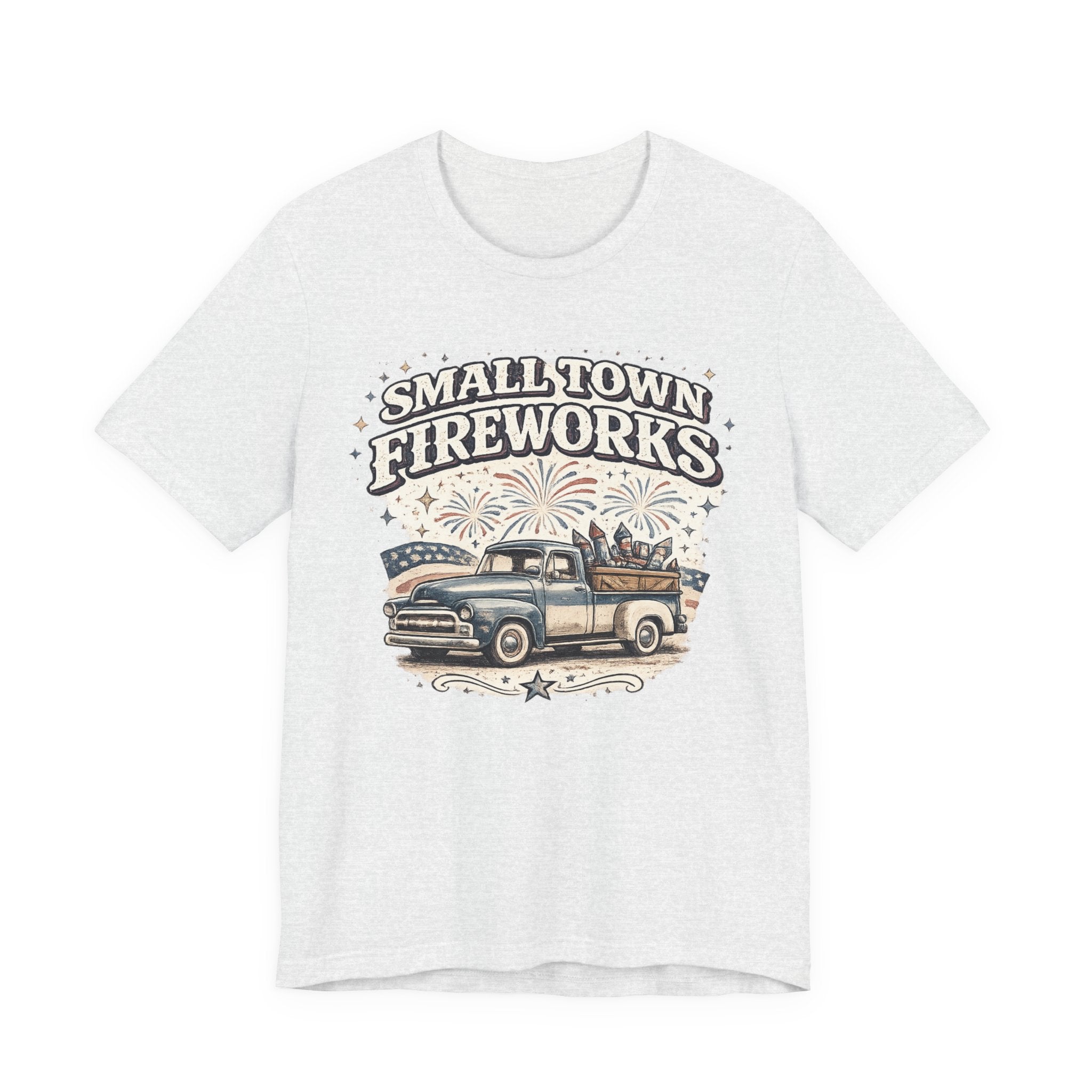 Small Town Fireworks Truck T-Shirt — Vintage Pickup Patriotic 4th of July Tee