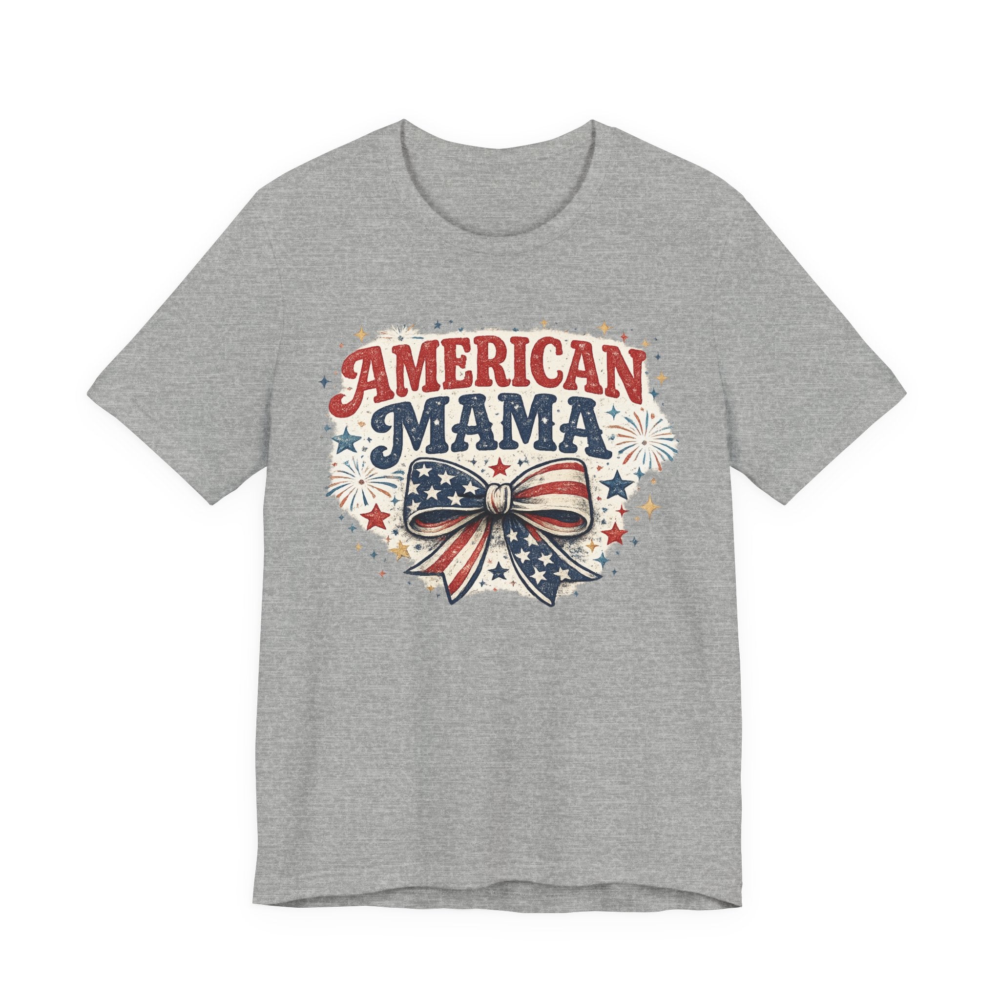 American Mama Tee — Patriotic Mom T‑Shirt with Stars & Flag Bow (4th of July)