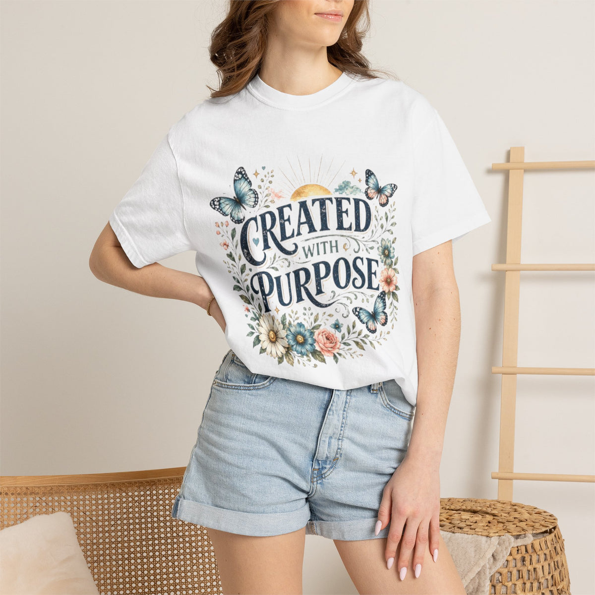 Created With Purpose Floral T-Shirt — Inspirational Butterfly Graphic Tee