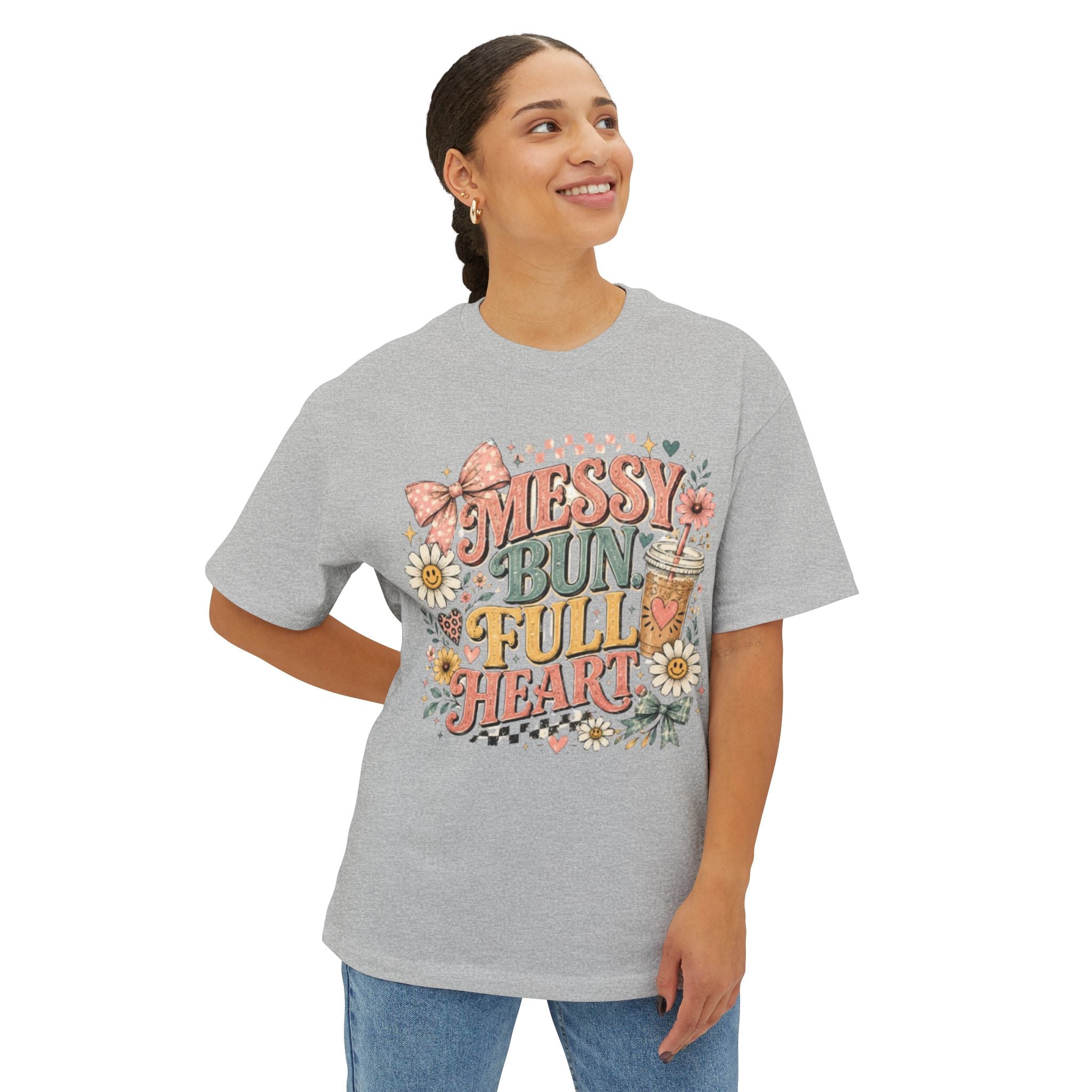 Messy Bun Full Heart Tee — Floral Casual Oversized T‑Shirt