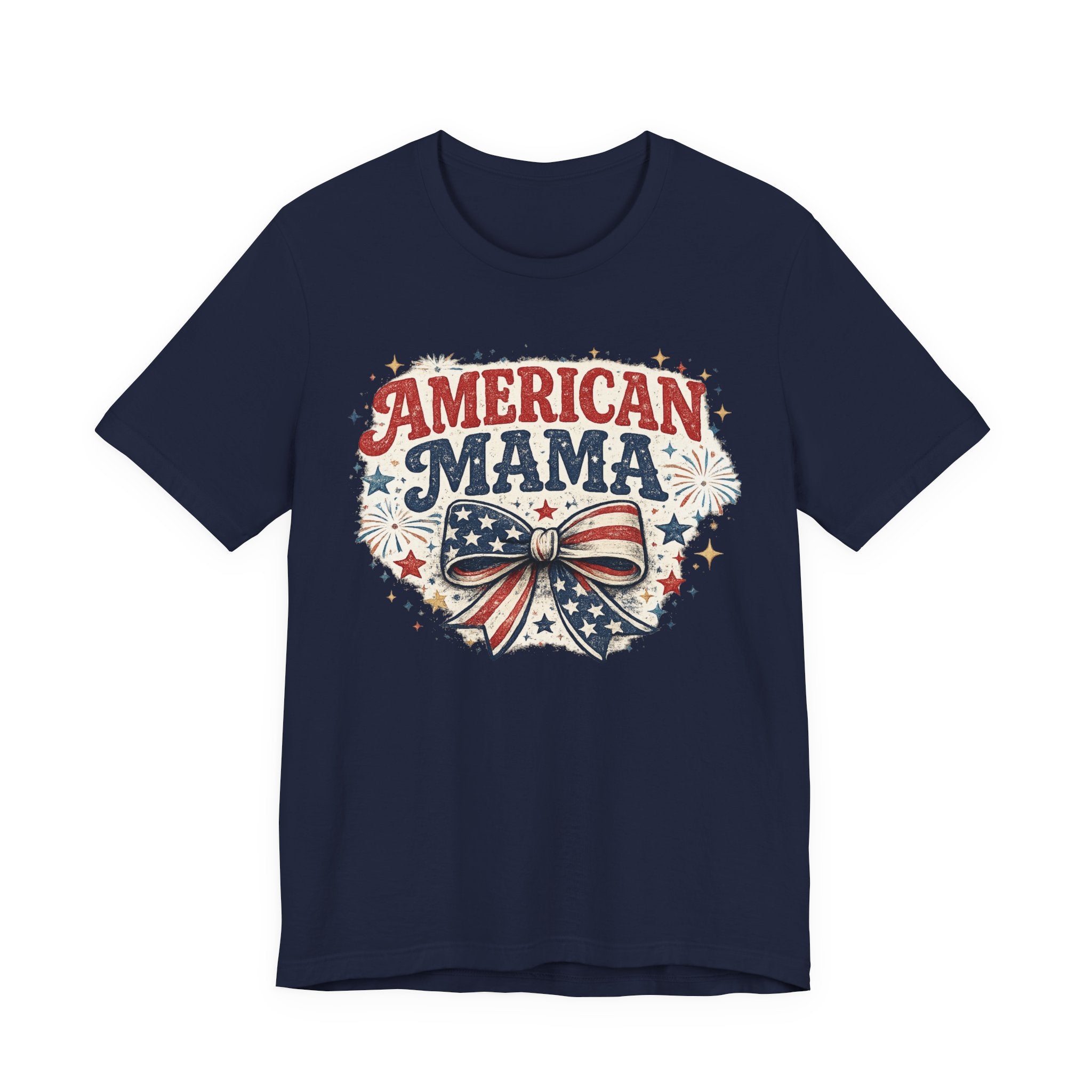 American Mama Tee — Patriotic Mom T‑Shirt with Stars & Flag Bow (4th of July)