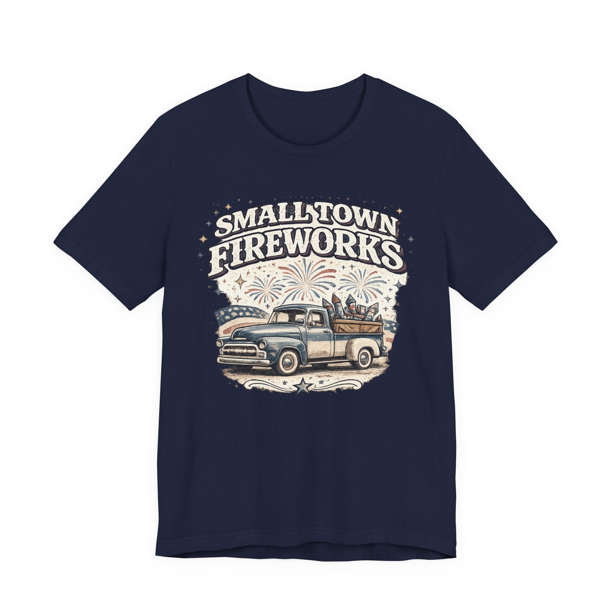 Small Town Fireworks Truck T-Shirt — Vintage Pickup Patriotic 4th of July Tee