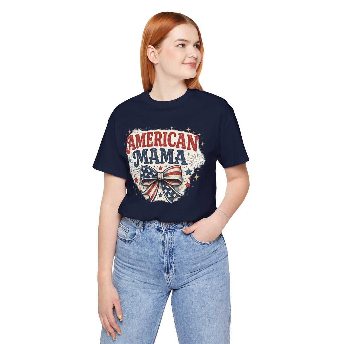 American Mama Tee — Patriotic Mom T‑Shirt with Stars & Flag Bow (4th of July)
