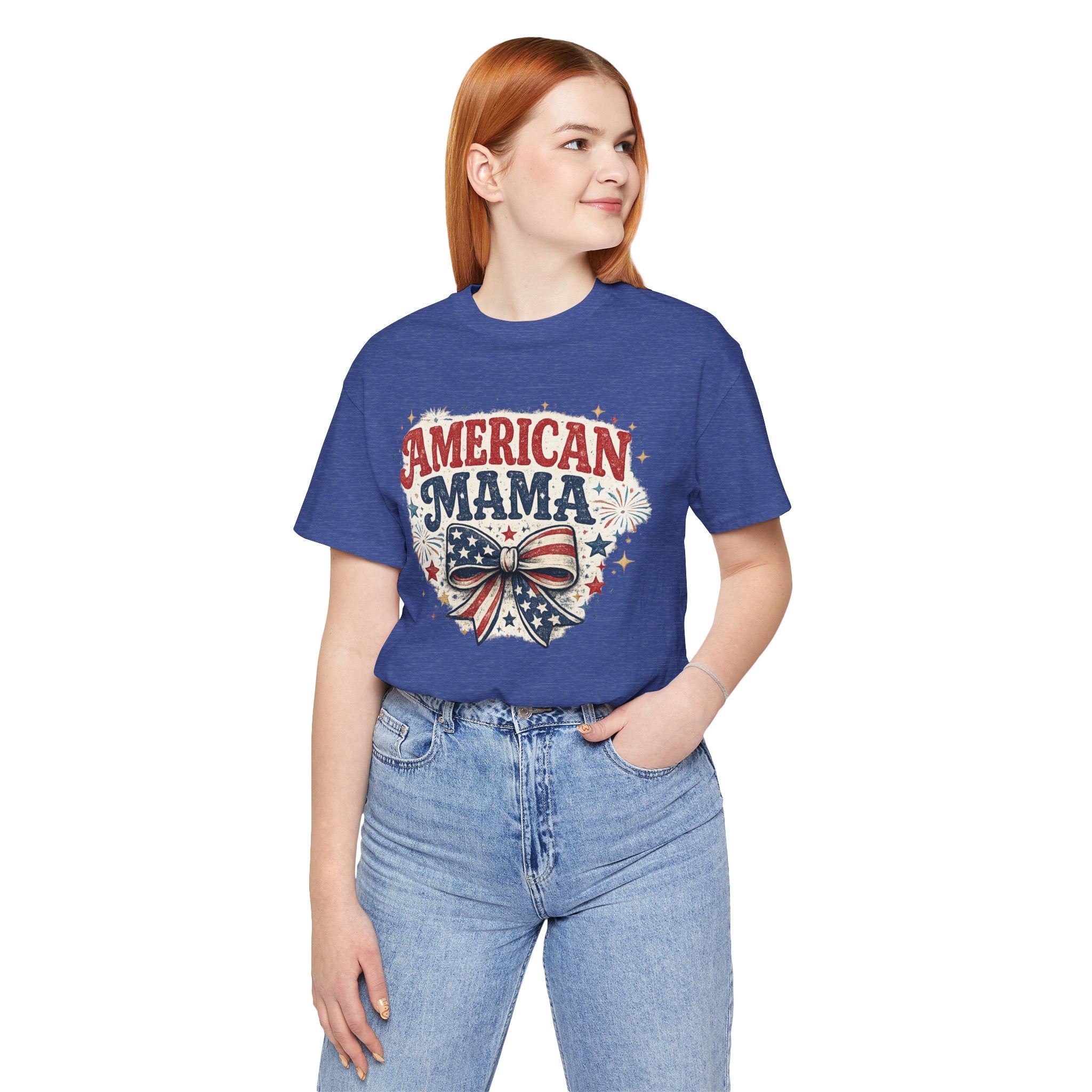 American Mama Tee — Patriotic Mom T‑Shirt with Stars & Flag Bow (4th of July)