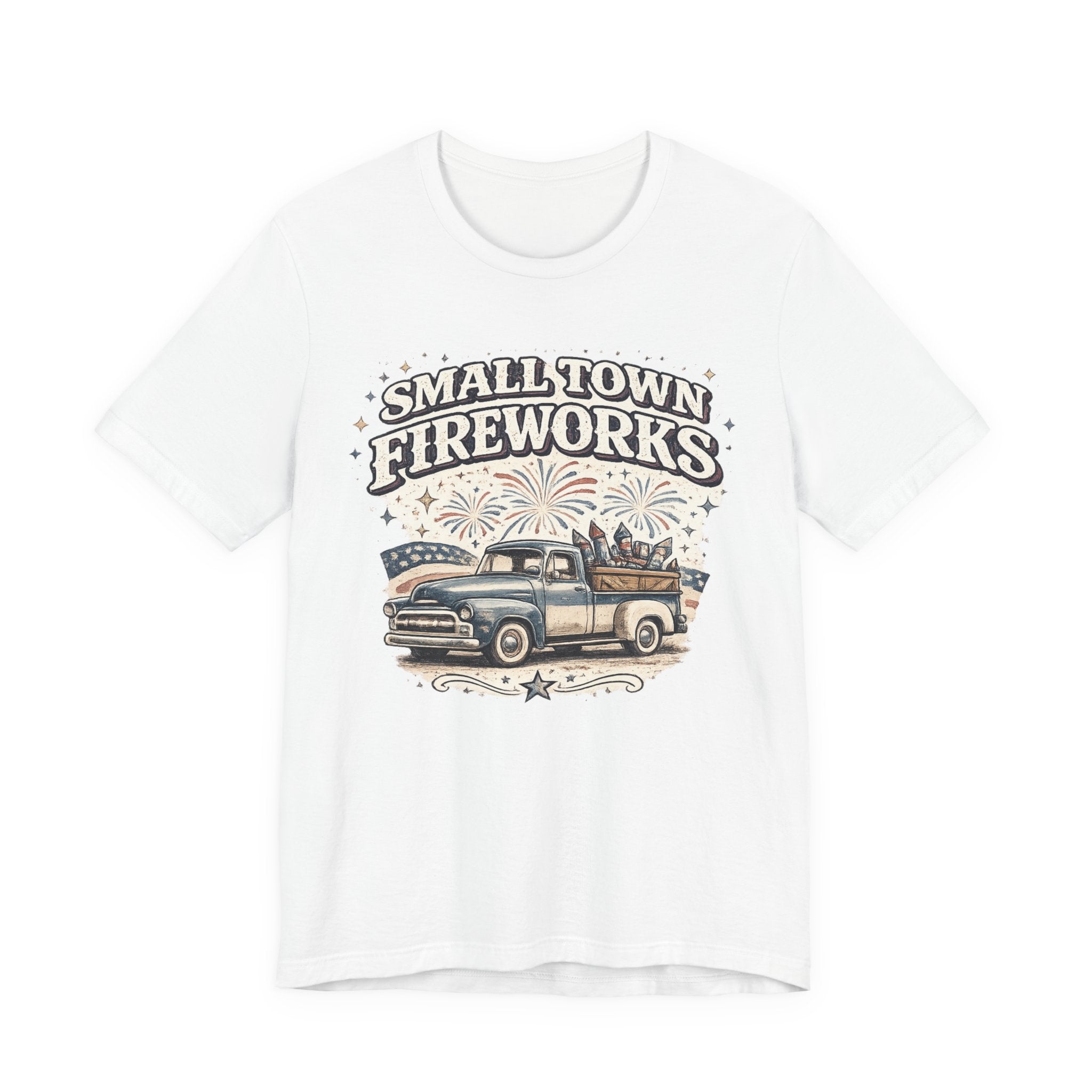 Small Town Fireworks Truck T-Shirt — Vintage Pickup Patriotic 4th of July Tee