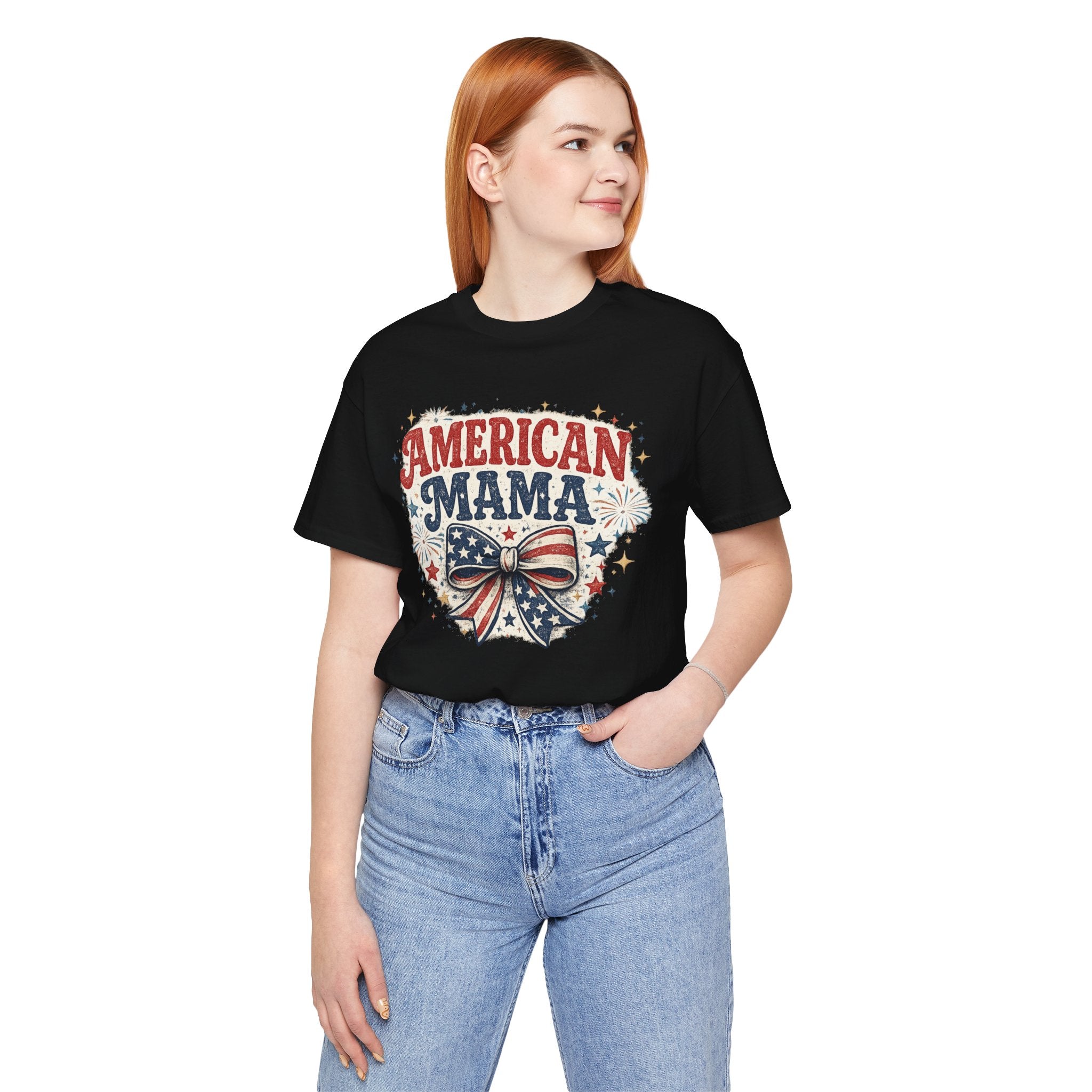 American Mama Tee — Patriotic Mom T‑Shirt with Stars & Flag Bow (4th of July)