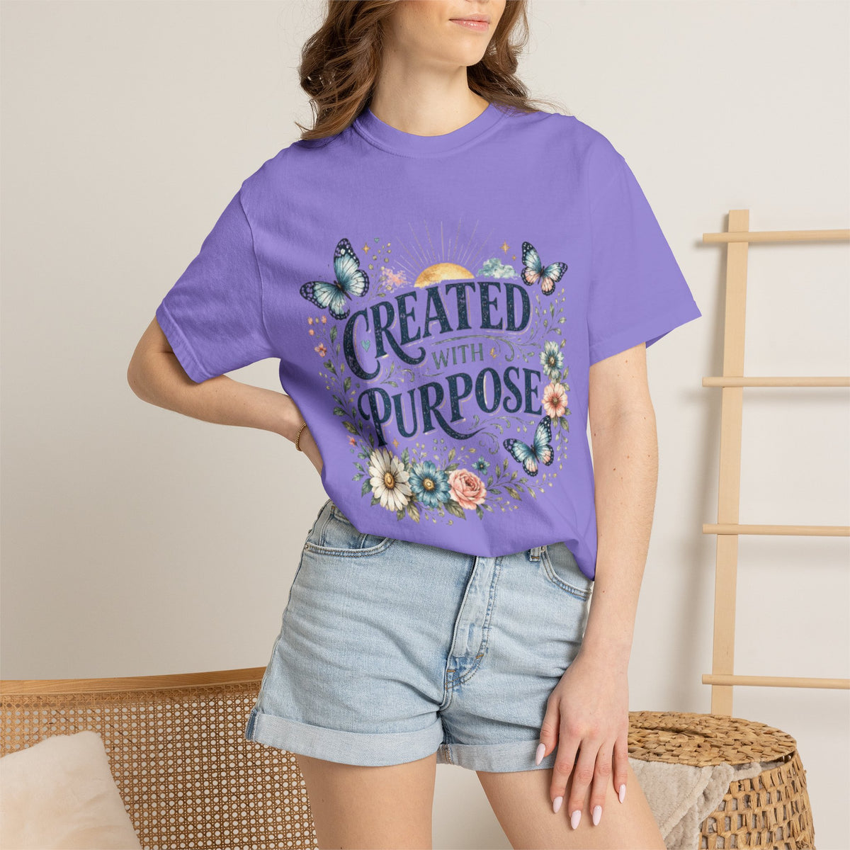 Created With Purpose Floral T-Shirt — Inspirational Butterfly Graphic Tee