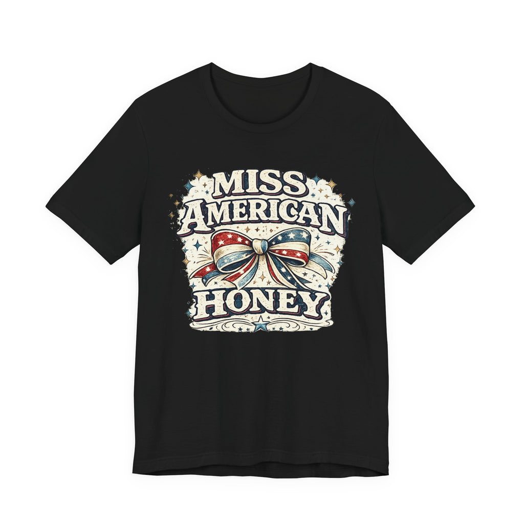 Miss American Honey Tee — Patriotic Vintage Bow Graphic Shirt