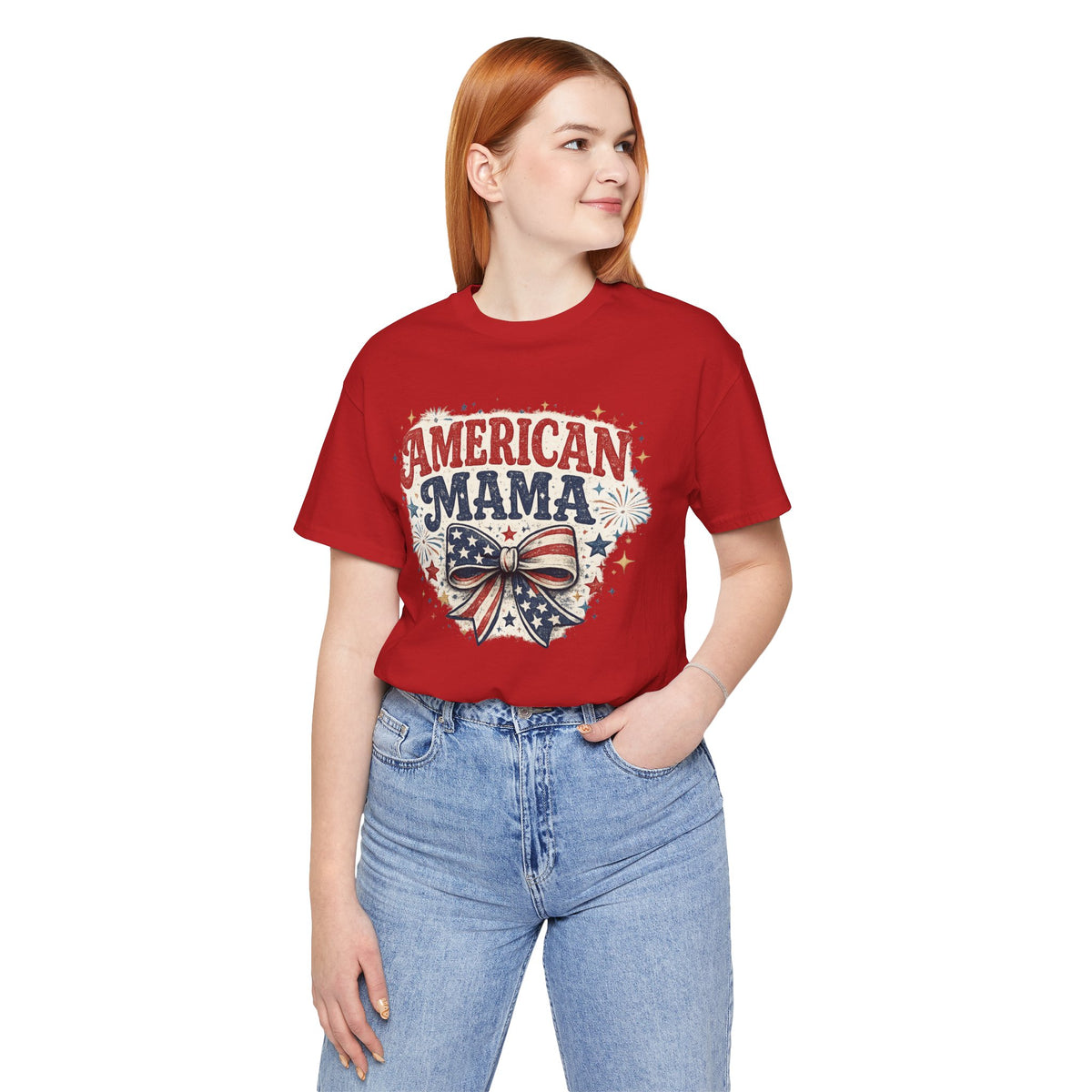 American Mama Tee — Patriotic Mom T‑Shirt with Stars & Flag Bow (4th of July)