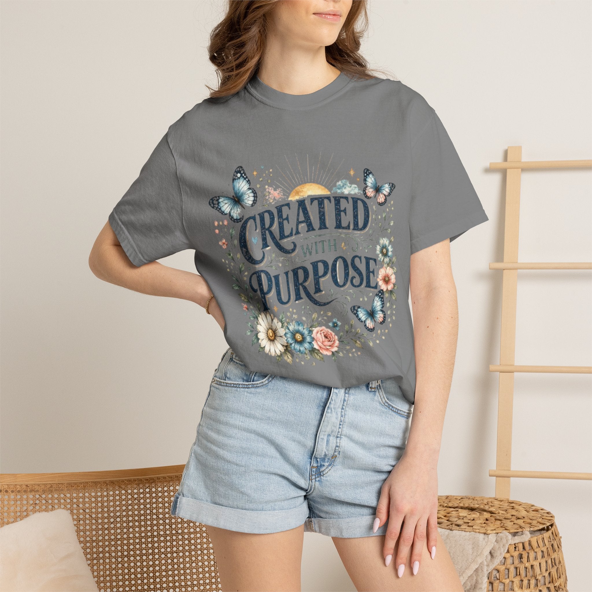 Created With Purpose Floral T-Shirt — Inspirational Butterfly Graphic Tee