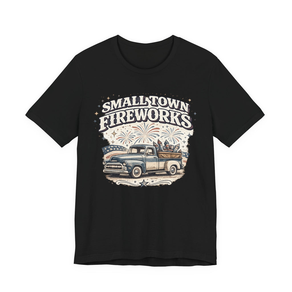 Small Town Fireworks Truck T-Shirt — Vintage Pickup Patriotic 4th of July Tee