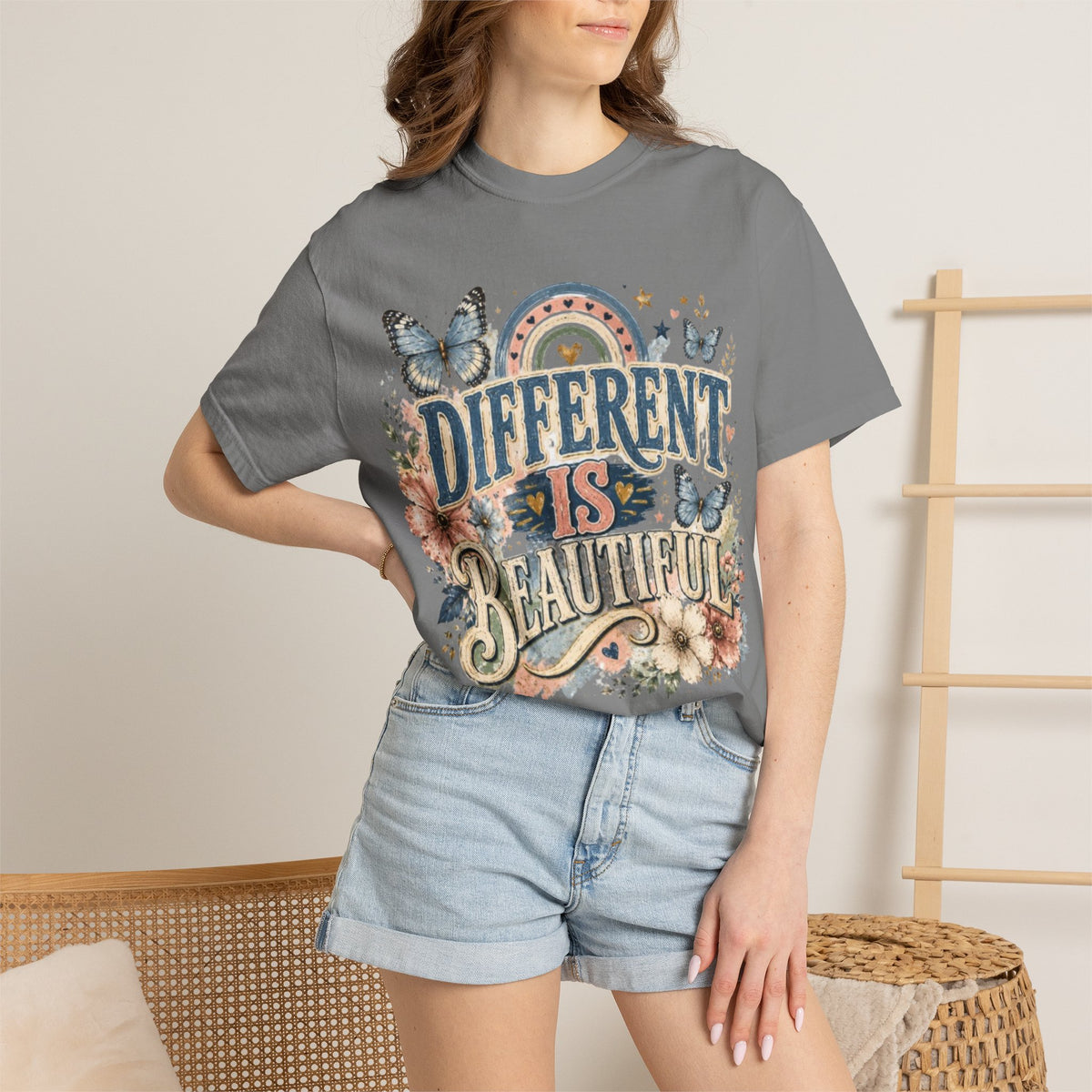 Different Is Beautiful T-Shirt — Inspirational Butterfly Floral Tee