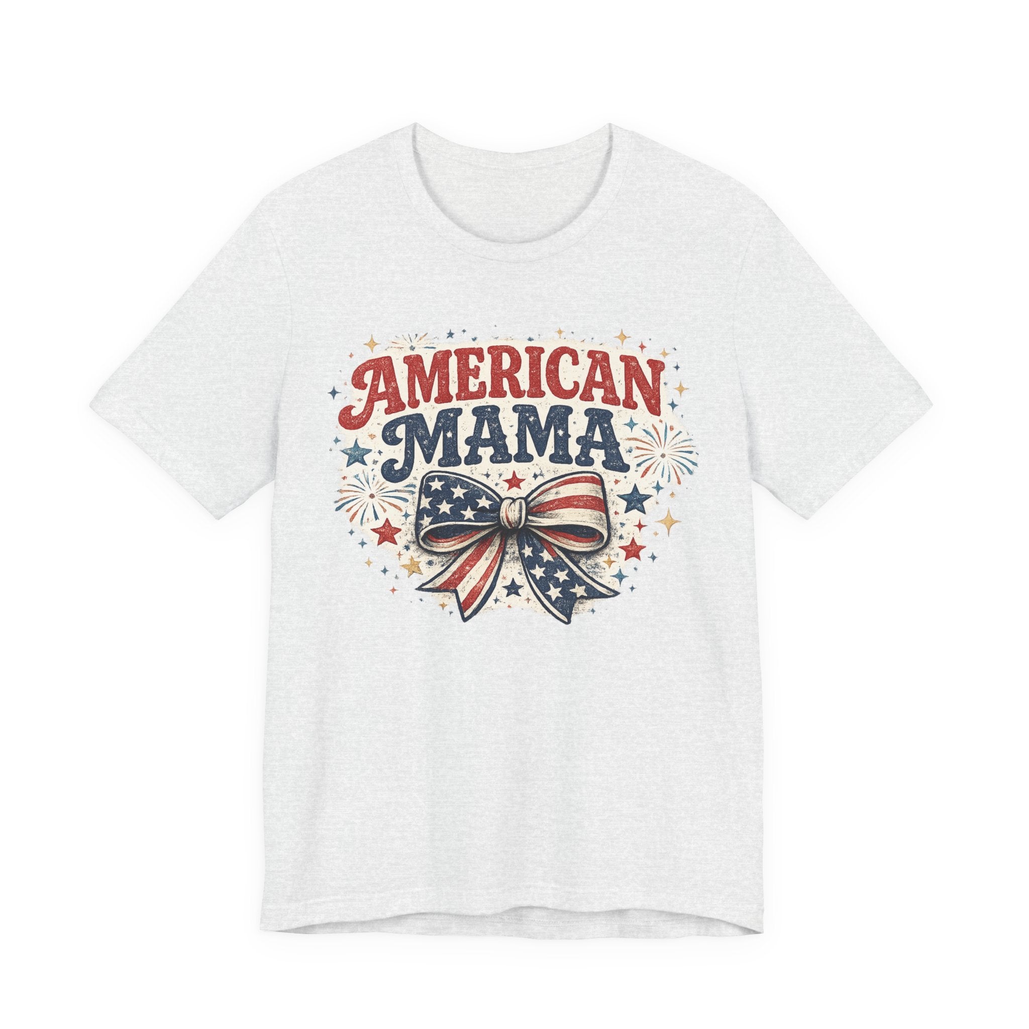 American Mama Tee — Patriotic Mom T‑Shirt with Stars & Flag Bow (4th of July)