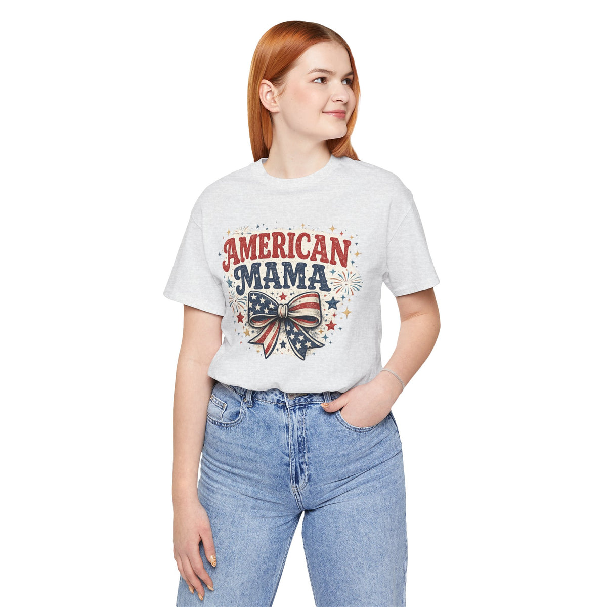 American Mama Tee — Patriotic Mom T‑Shirt with Stars & Flag Bow (4th of July)