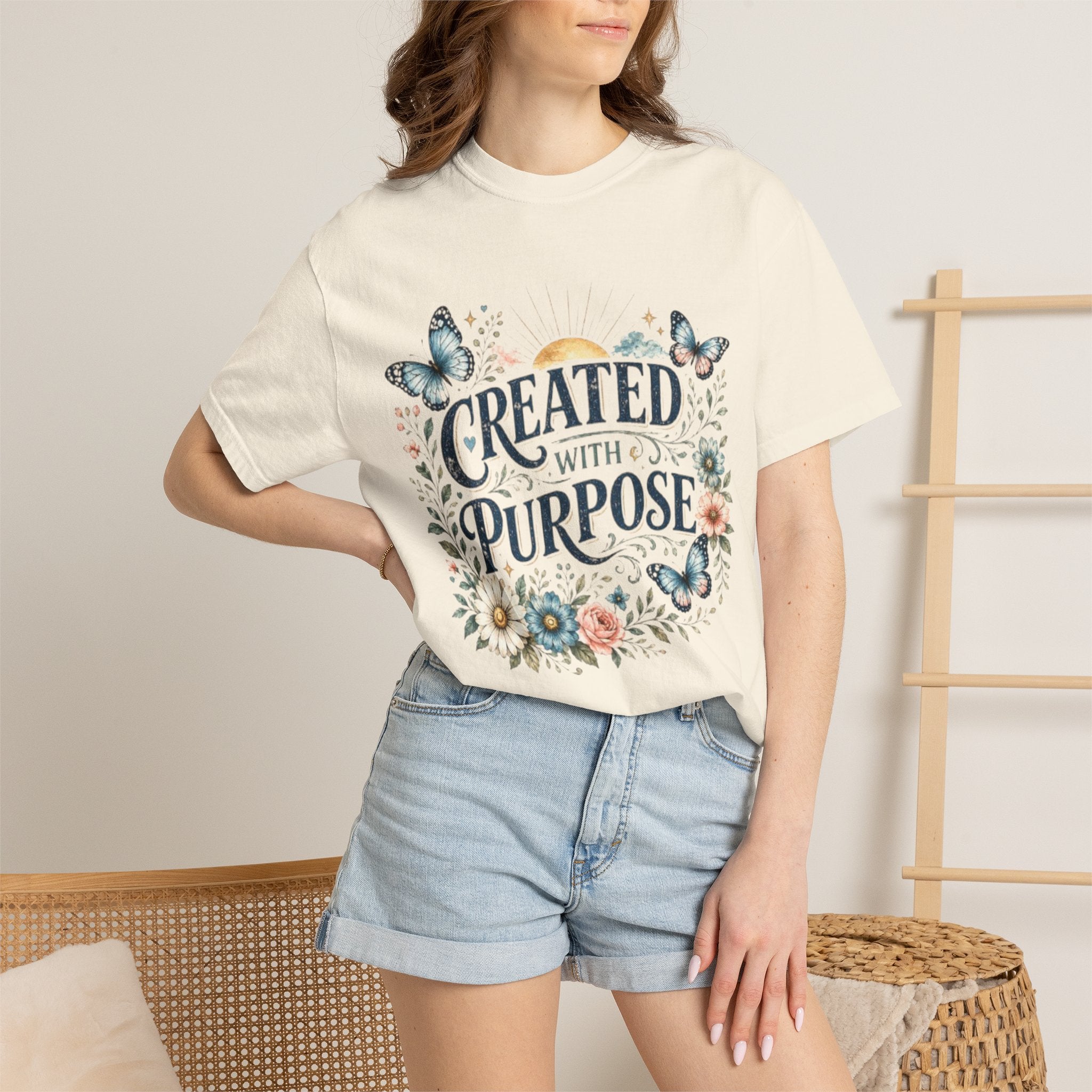 Created With Purpose Floral T-Shirt — Inspirational Butterfly Graphic Tee