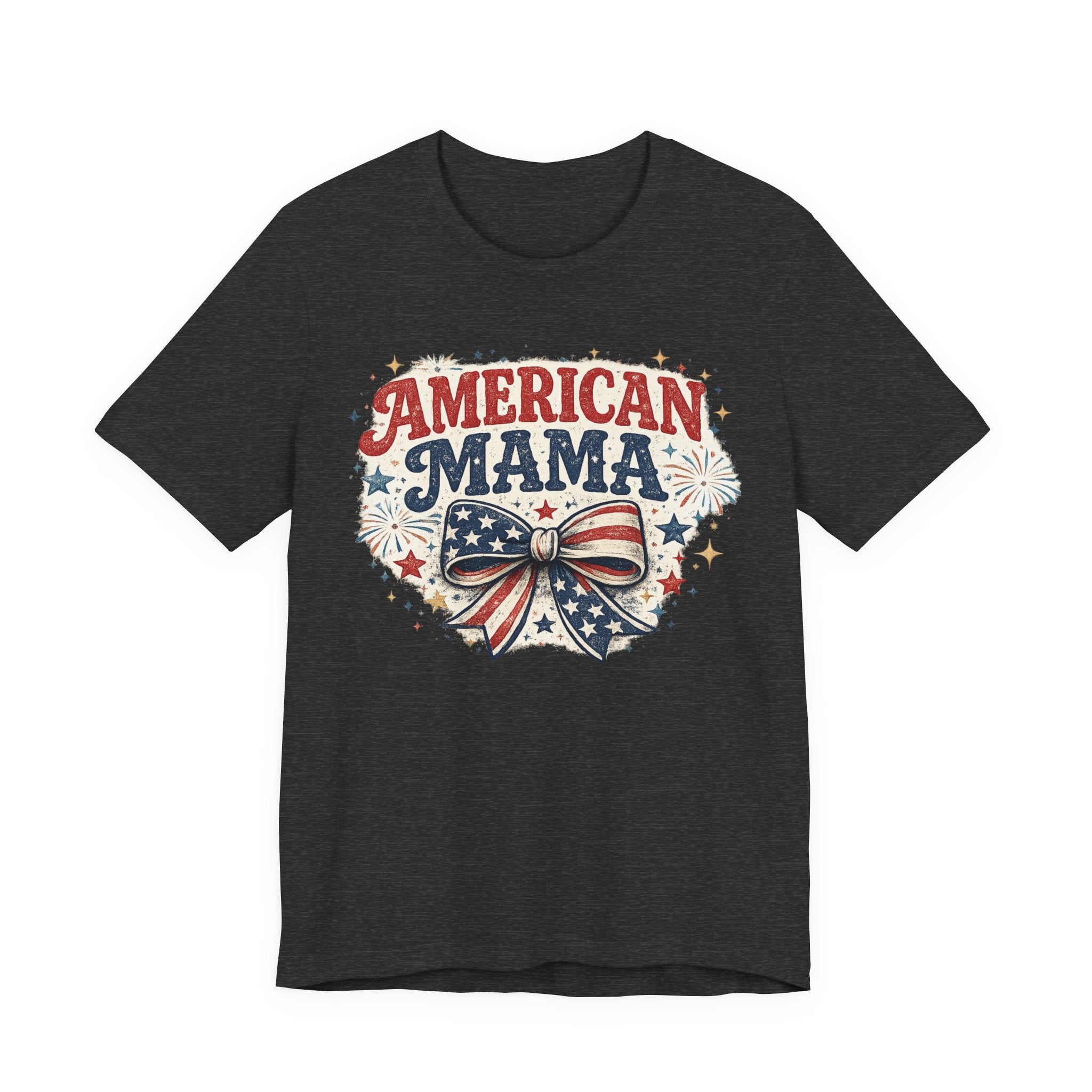 American Mama Tee — Patriotic Mom T‑Shirt with Stars & Flag Bow (4th of July)