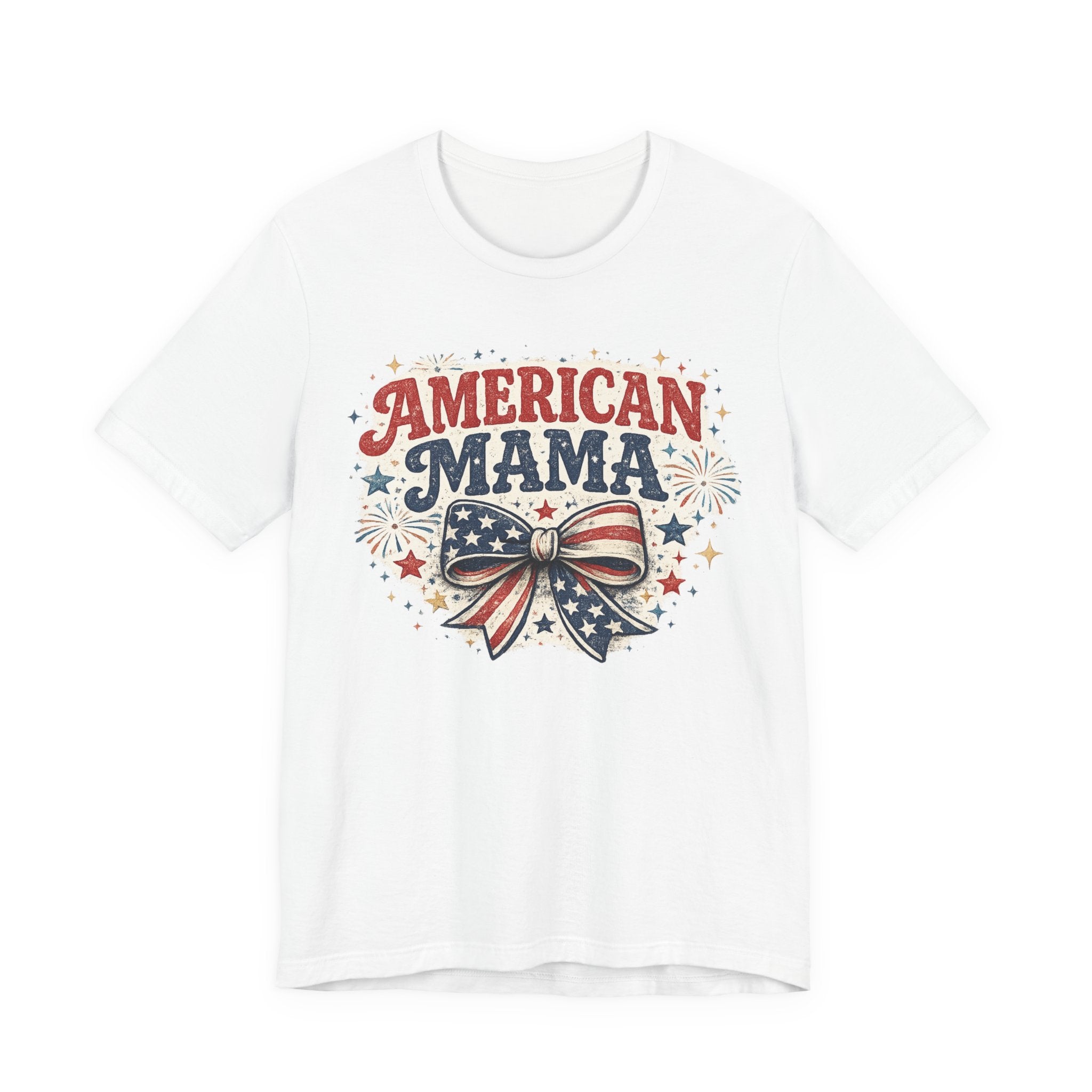 American Mama Tee — Patriotic Mom T‑Shirt with Stars & Flag Bow (4th of July)