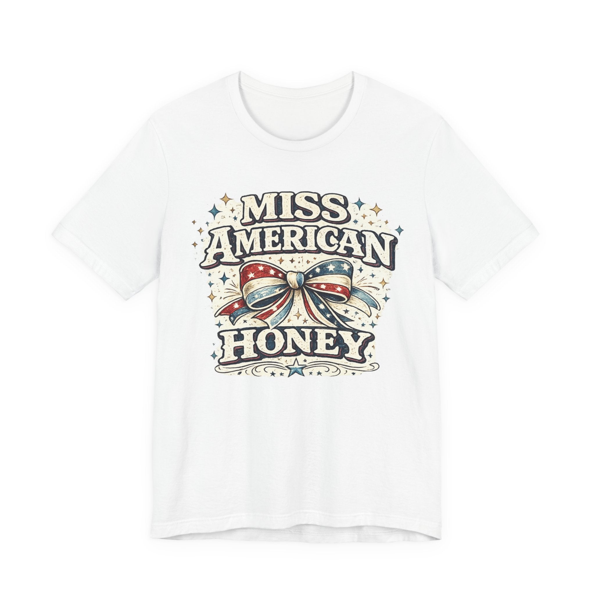 Miss American Honey Tee — Patriotic Vintage Bow Graphic Shirt