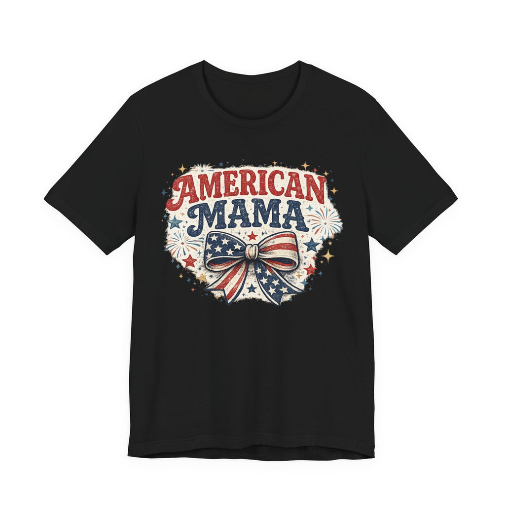 American Mama Tee — Patriotic Mom T‑Shirt with Stars & Flag Bow (4th of July)