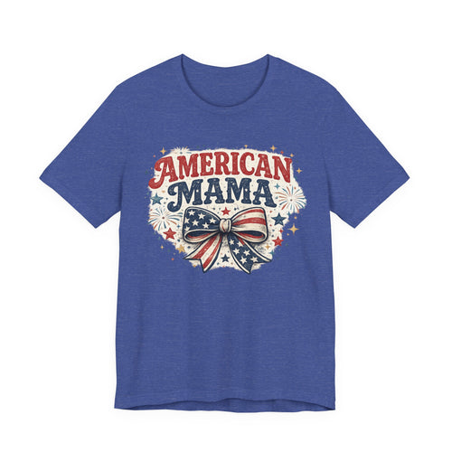 American Mama Tee — Patriotic Mom T‑Shirt with Stars & Flag Bow (4th of July)